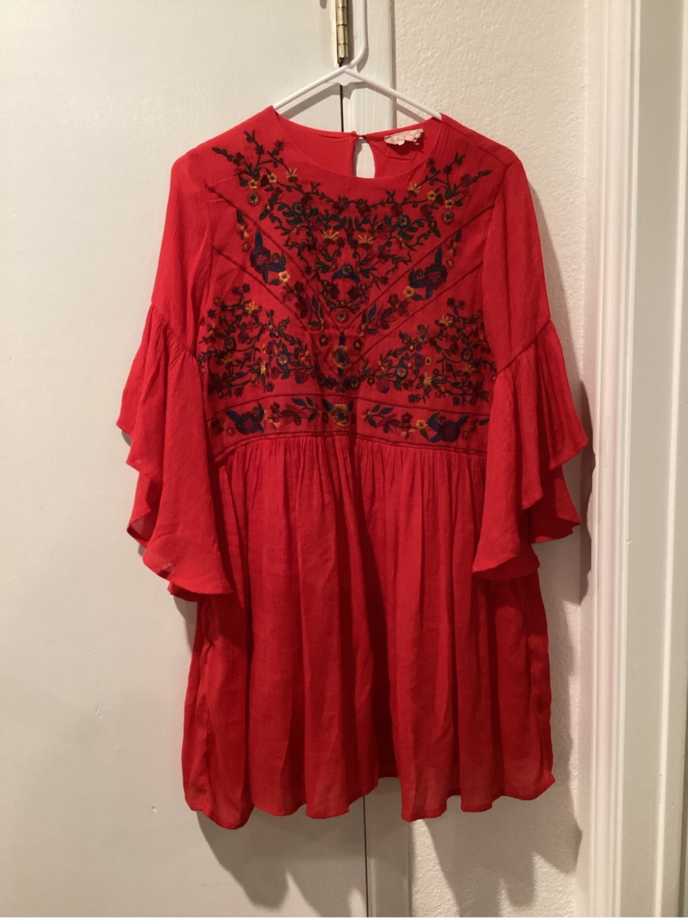 Altar'd State Red Embroidered Flutter-Sleeve Tunic